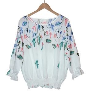 Sapphire NWT Floral Embroidered 3/4 Sleeve Round Neck White Blouse XL Feminine